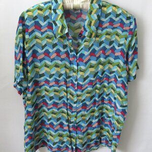 QUO Silk multicolor silk blend button front short sleeve shirt *Sz L*